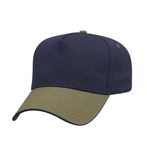 USA-made 5L Navy-Khaki Chino baseball cap, 3q view, manufactured in Newark NJ