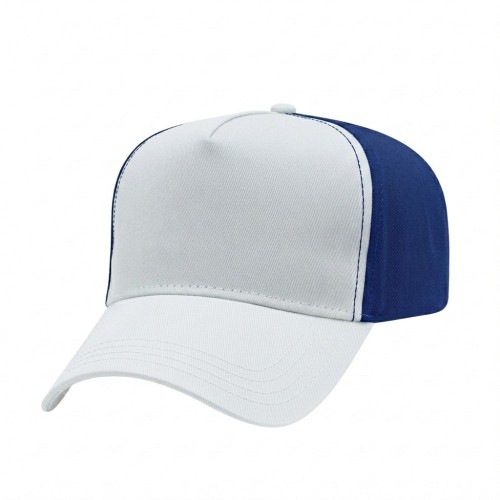 USA-made 5L White-Royal Blue Chino baseball cap, 3q view, manufactured in Newark NJ