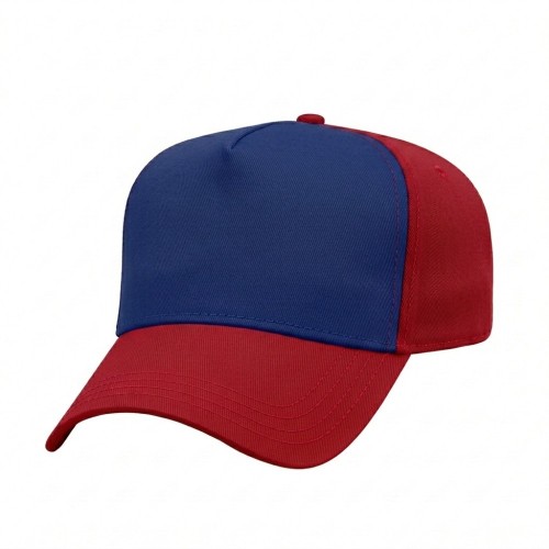 USA-made 5L Royal Blue-Red Chino baseball cap, 3q view, manufactured in Newark NJ