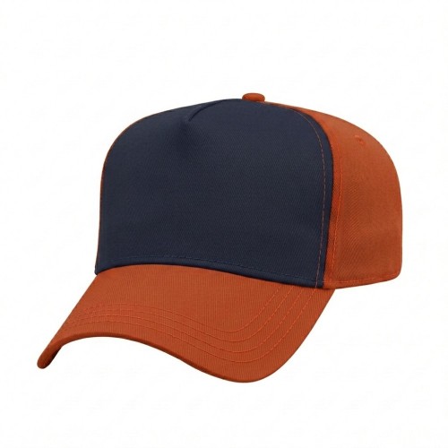 USA-made 5L Navy-Orange Chino baseball cap, 3q view, manufactured in Newark NJ