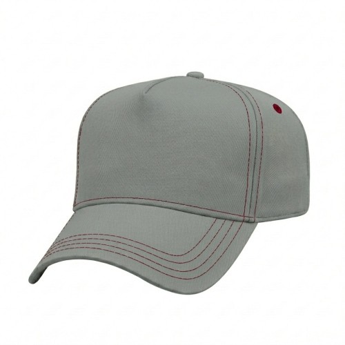 USA-made 5L Light Gray-Red Chino baseball cap, 3q view, manufactured in Newark NJ