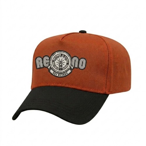 USA-made 5L Orange-Black Chino baseball cap, decorated view, manufactured in Newark NJ
