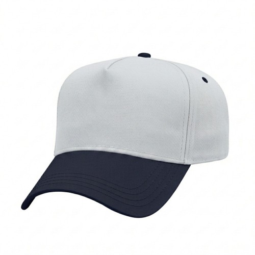 USA-made 5L White-Navy Chino baseball cap, 3q view, manufactured in Newark NJ