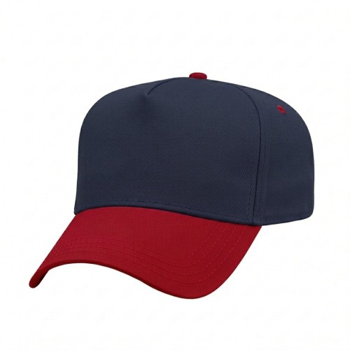 USA-made 5L Navy-Red Chino baseball cap, 3q view, manufactured in Newark NJ