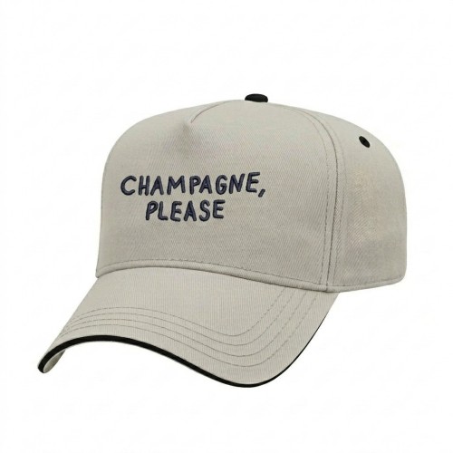 USA-made 5L Putty-Black Chino baseball cap, decorated view, manufactured in Newark NJ