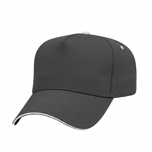 USA-made 5L Dark Gray-White Chino baseball cap, 3q view, manufactured in Newark NJ