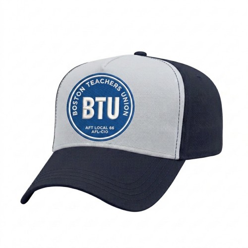 USA-made 5L White-Navy Chino baseball cap, decorated view, manufactured in Newark NJ