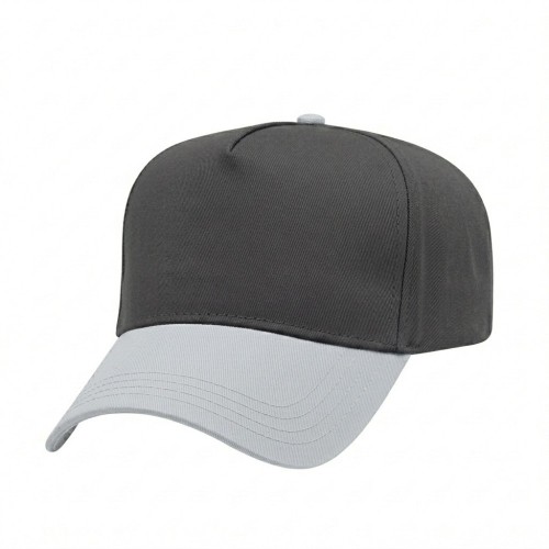 USA-made 5L Dark Gray-White Chino baseball cap, 3q view, manufactured in Newark NJ
