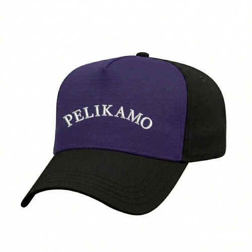 USA-made 5L Purple-Black Chino baseball cap, decorated view, manufactured in Newark NJ
