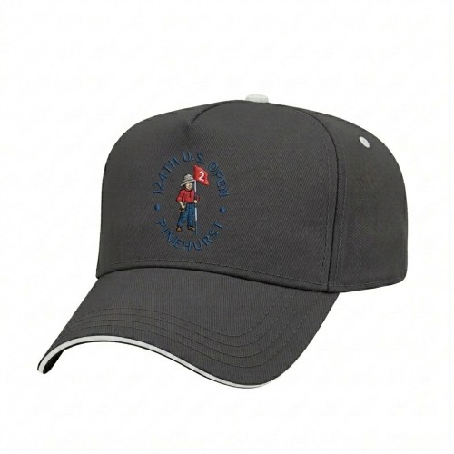 USA-made 5L Dark Gray-White Brushed Denim baseball cap, decorated view, manufactured in Newark NJ