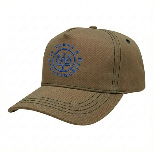 USA-made 5S Khaki-Black Brushed Denim baseball cap, decorated view, manufactured in Newark NJ