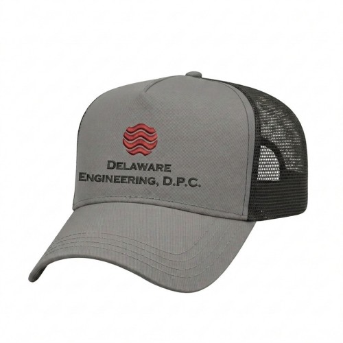 USA-made 5L Light Gray-Black Chino baseball cap, decorated view, manufactured in Newark NJ