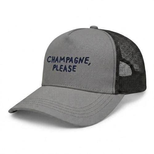USA-made 5S Light Gray-Black Chino baseball cap, decorated view, manufactured in Newark NJ