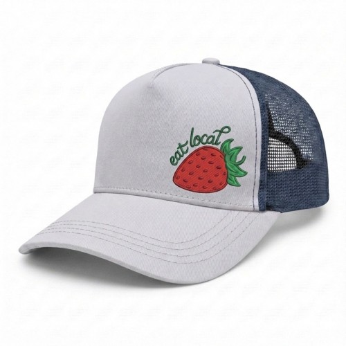 USA-made 5S White-Navy Polycotton Twill baseball cap, decorated view, manufactured in Newark NJ
