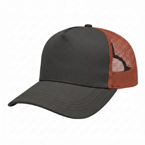 USA-made 5S Dark Gray-Orange Polycotton Twill baseball cap, 3q view, manufactured in Newark NJ