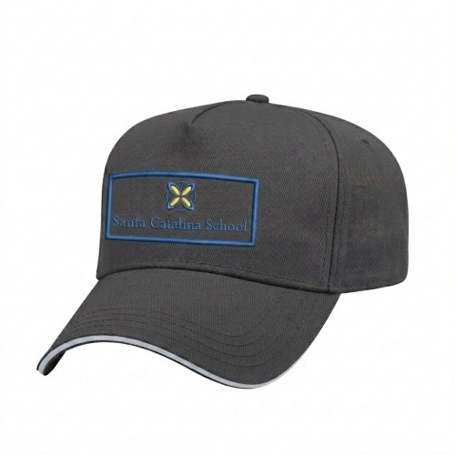 USA-made 5L Dark Gray-White Polycotton Twill baseball cap, decorated view, manufactured in Newark NJ