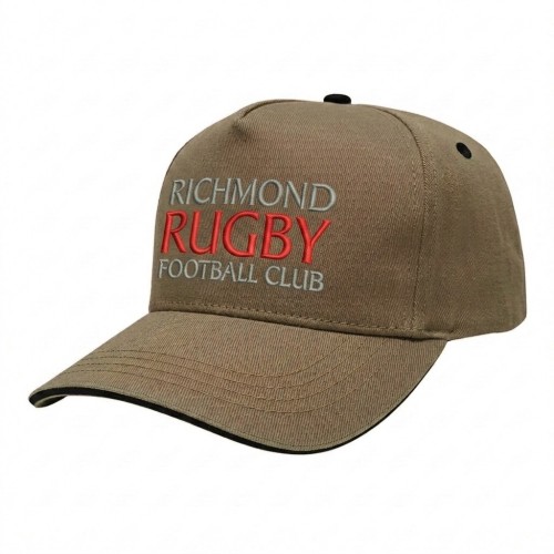 USA-made 5S Khaki-Black Polycotton Twill baseball cap, decorated view, manufactured in Newark NJ