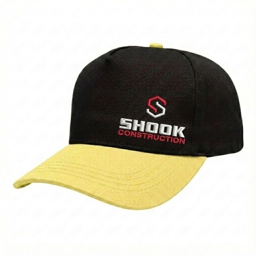 USA-made 5S Black-Safety Green Polycotton Twill baseball cap, decorated view, manufactured in Newark NJ
