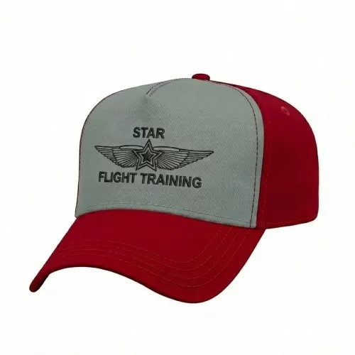 USA-made 5L Light Gray-Red Domestic Twill baseball cap, decorated view, manufactured in Newark NJ