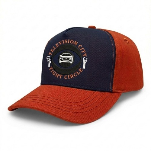USA-made 5S Navy-Orange Domestic Twill baseball cap, decorated view, manufactured in Newark NJ
