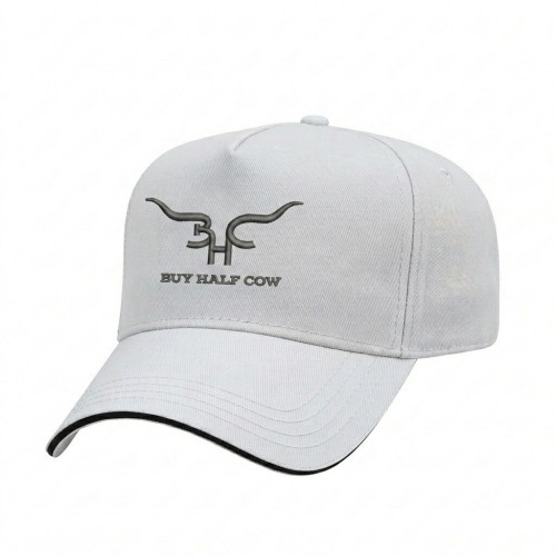 USA-made 5L White-Black Organic Twill baseball cap, decorated view, manufactured in Newark NJ