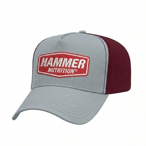 USA-made 5L Light Gray-Burgundy Ripstop baseball cap, decorated view, manufactured in Newark NJ