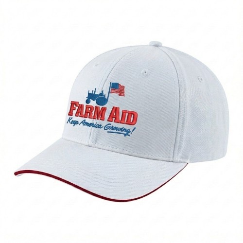 USA-made 6H White-Red Chino baseball cap, decorated view, manufactured in Newark NJ