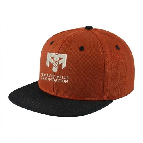 USA-made 6H Orange-Black Chino baseball cap, decorated view, manufactured in Newark NJ