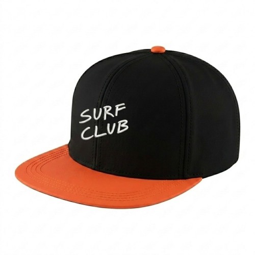 USA-made 6H Black-Blaze Orange Chino baseball cap, decorated view, manufactured in Newark NJ