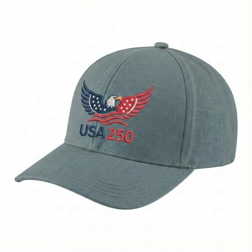 USA-made 6H Light Gray Chino baseball cap, decorated view, manufactured in Newark NJ