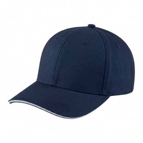 USA-made 6H Navy-White Chino baseball cap, 3q view, manufactured in Newark NJ