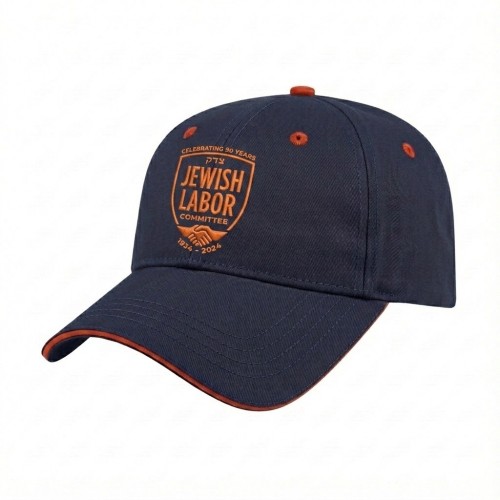 USA-made 6L Navy-Orange Chino baseball cap, decorated view, manufactured in Newark NJ