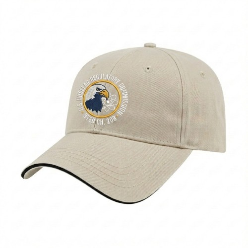 USA-made 6L Putty-Black Chino baseball cap, decorated view, manufactured in Newark NJ
