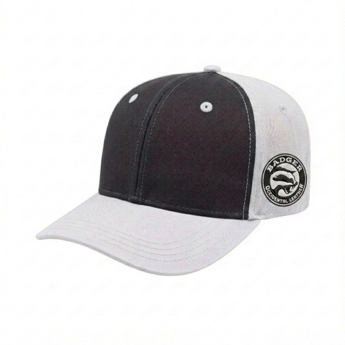 USA-made 6S Dark Gray-White Chino baseball cap, decorated view, manufactured in Newark NJ