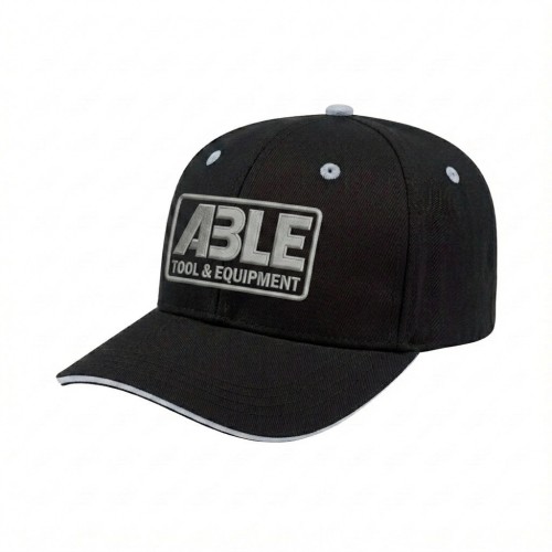 USA-made 6S Black-White Chino baseball cap, decorated view, manufactured in Newark NJ