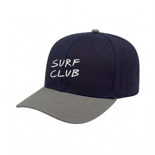 USA-made 6S Navy-Light Gray Chino baseball cap, decorated view, manufactured in Newark NJ