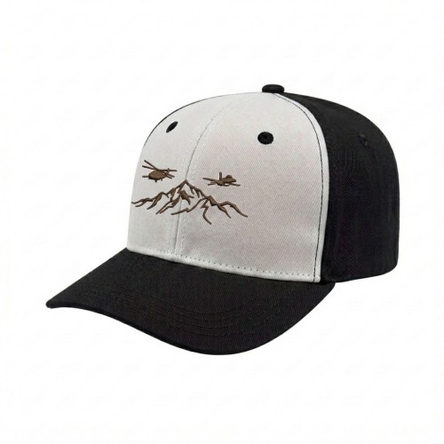 USA-made 6S White-Black Chino baseball cap, decorated view, manufactured in Newark NJ