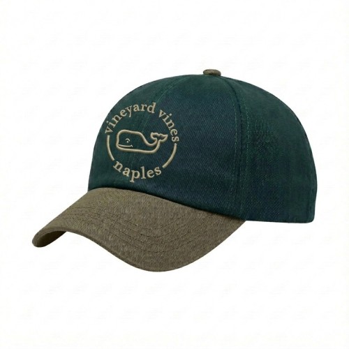 USA-made 6U Hunter Green-Khaki Chino baseball cap, decorated view, manufactured in Newark NJ