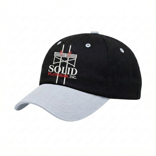 USA-made 6U Black-White Chino baseball cap, decorated view, manufactured in Newark NJ