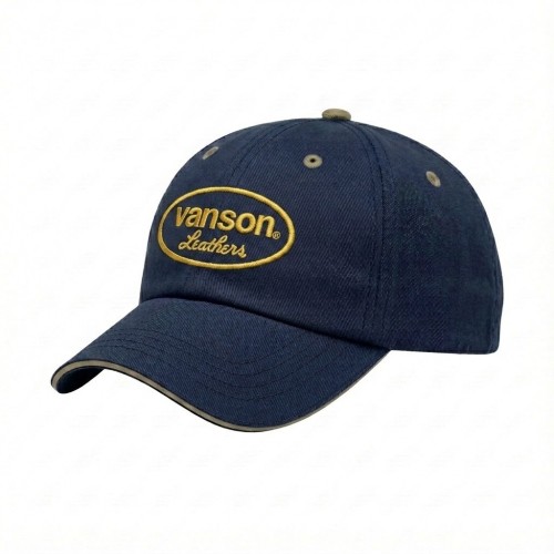 USA-made 6U Navy-Khaki Chino baseball cap, decorated view, manufactured in Newark NJ