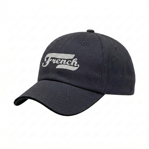 USA-made 6U Dark Gray-Black Chino baseball cap, decorated view, manufactured in Newark NJ