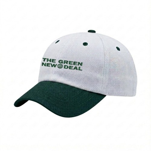 USA-made 6U White-Hunter Green Chino baseball cap, decorated view, manufactured in Newark NJ