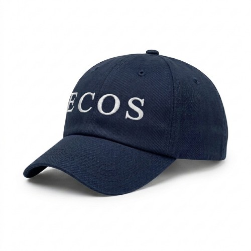 USA-made 6U Navy Chino baseball cap, decorated view, manufactured in Newark NJ
