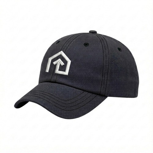 USA-made 6U Dark Gray-Black Chino baseball cap, decorated view, manufactured in Newark NJ