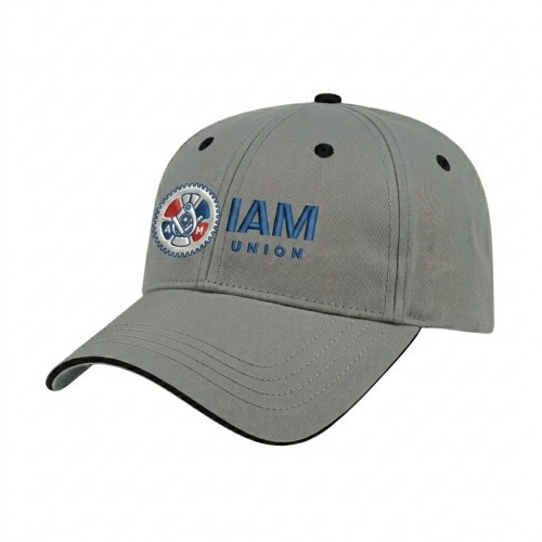 USA-made 6L Light Gray-Black Brushed Denim baseball cap, decorated view, manufactured in Newark NJ