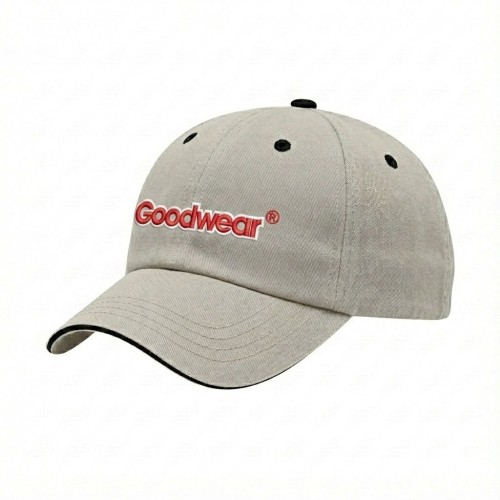 USA-made 6U Putty-Black Brushed Denim baseball cap, decorated view, manufactured in Newark NJ