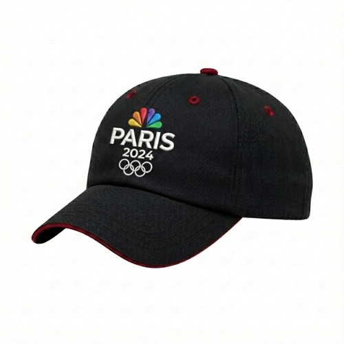 USA-made 6U Black-Red Brushed Denim baseball cap, decorated view, manufactured in Newark NJ