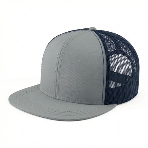 USA-made 6H Light Gray-Navy Chino baseball cap, 3q view, manufactured in Newark NJ