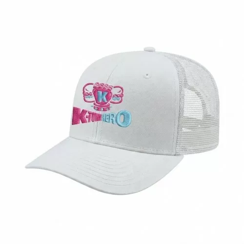USA-made 6S White Chino baseball cap, decorated view, manufactured in Newark NJ
