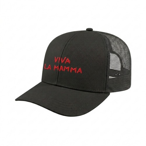 USA-made 6S Black Chino baseball cap, decorated view, manufactured in Newark NJ